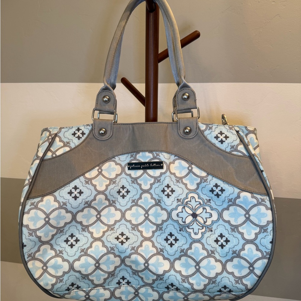Petunia Pickle Bottom unisex large expandable Gray and Blue Tote/diaper bag